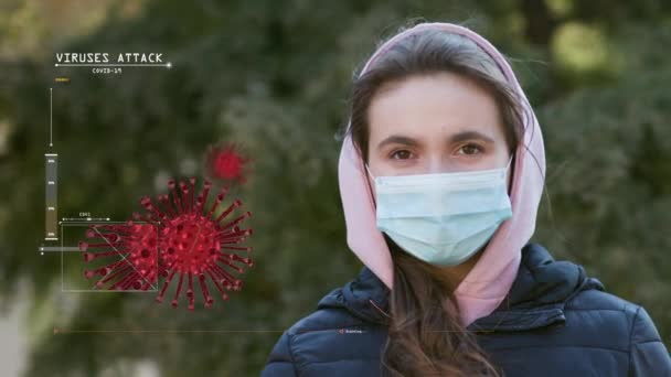 Coronavirus COVID-19 animáció. Maradj otthon. Orvosi maszkot viselő lány a Coronavirus alatt COVID-19 járvány. Az egészségvédelmi és biztonsági élet fogalma, N1H1 koronavírus, vírusvédelem — Stock videók
