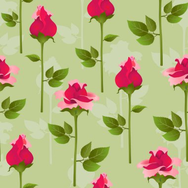 Uçuk yeşil arka plana güllerinin üzerinden seamless modeli