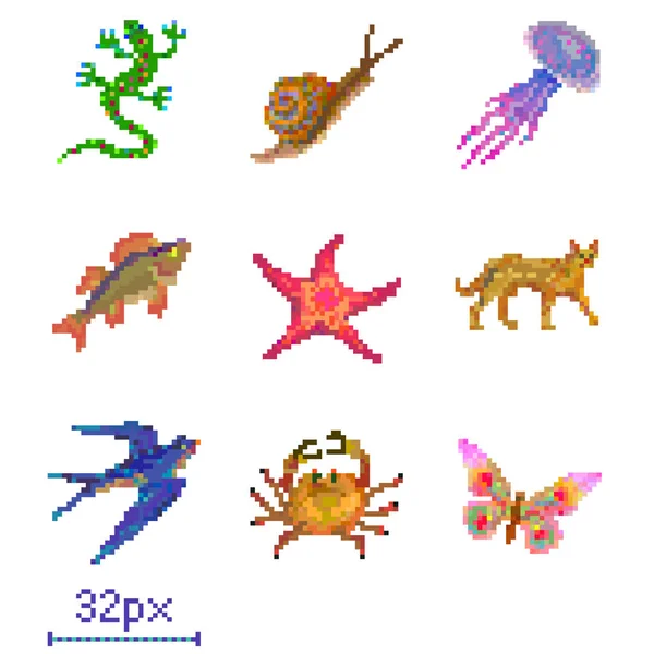 도마뱀, 달팽이, 해파리, 물고기, 불가사리, 하이에나, 제비, 게와 나비와 함께 픽셀 아트 그림 — 스톡 벡터