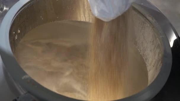 醸造所は麦芽を袋からビール醸造タンクに注ぐ クラフトビール — ストック動画