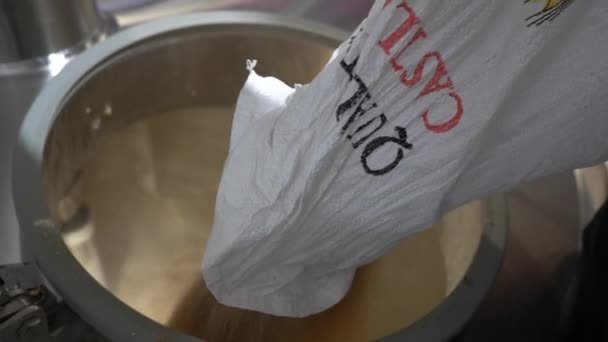 Bira Üreticisi Poşetten Bira Demleme Tankına Malt Döker Yapımı Bira — Stok video