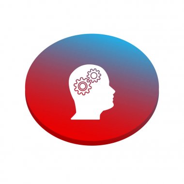 Kırmızı ve mavi arka plan üzerinde vites ile insan kafası.