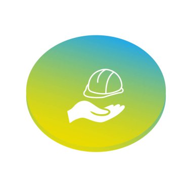 Beyaz arka planda sarı ve mavi daire içinde zor kask ile insan eli