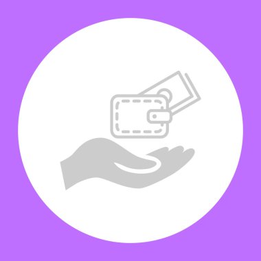 M-cüzdan ve para Menekşe arka plan üzerinde beyaz daire içinde insan eliyle