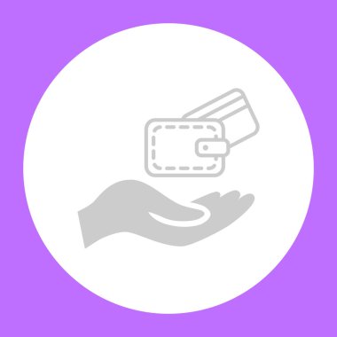 M-cüzdan ve kredi kartı Menekşe arka plan üzerinde beyaz daire içinde insan eliyle