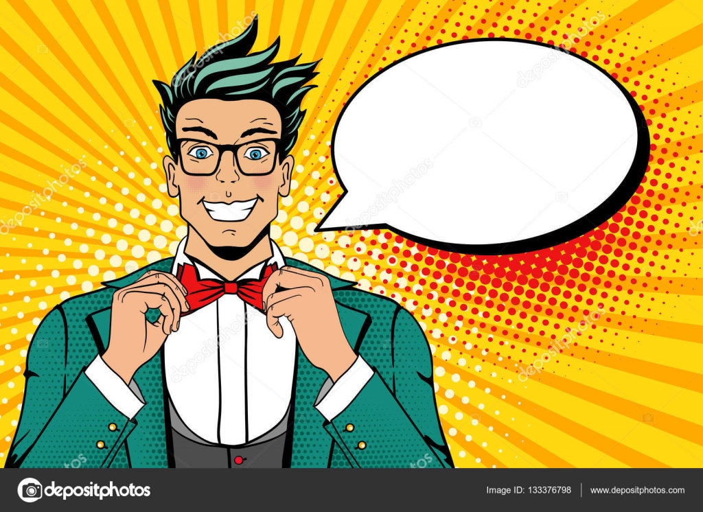 Pop art vector illustration of hipster man with wow surprised face