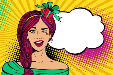 Pop art kadın yüzü. Onun baş SMIL hediye olan seksi kadın