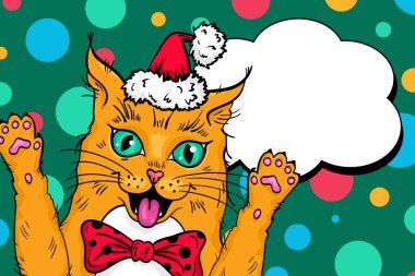 Pop sanat kırmızı kedi yüz Vay. Santa Claus şapka açık ağız kadar yükselen onun pençeleri ile komik sürpriz kedi. Vektör Christmas illüstrasyon retro çizgi roman tarzı. Vektör arka plan pop sanat.