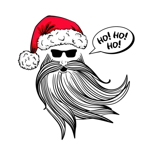 Símbolos de Santa hipster: chapéu, barba, óculos de sol, bolha de fala Ho! Ho! Ho! Objetos desenhados à mão vetorial isolados no fundo branco . — Vetor de Stock