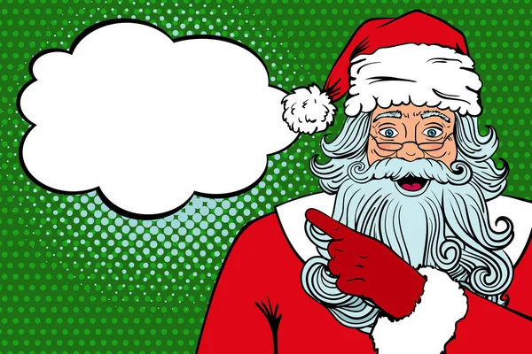 Вау, поп-арт Санта Клаус в красном костюме с удивленным лицом и открытым ртом, указывающим на речевой пузырь. Векторная иллюстрация в стиле ретро-поп-арт. Рождественская вечеринка . — стоковый вектор