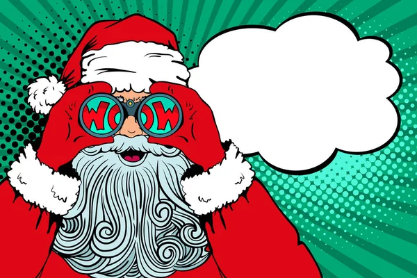 Wow поп-арту, Санта-Клауса з відкрити рот проведення Біноклі в його руках з написом wow відбиття та спливаючу підказку. Векторна ілюстрація в стилі ретро поп-арт коміксів. Різдва запрошення. — стоковий вектор