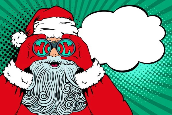 Vay be pop Sanat Noel Baba ile açın dürbün yazıt wow içinde yansıma ve konuşma balonu ile onun elinde tutan ağız. Vektör çizim retro pop sanat çizgi roman tarzı. Noel davet.