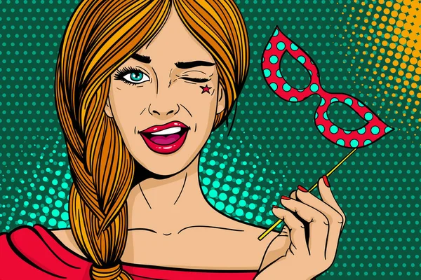 Pop art face. Young sexy woman with carnival mask in her hand smiles and winks on dots background. Vector illustration in retro comic style. Holiday party invitation poster. — Stock Vector