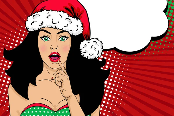 Pop art wow menina de Natal. Sexy mulher surpresa em vermelho Santa Cl — Vetor de Stock