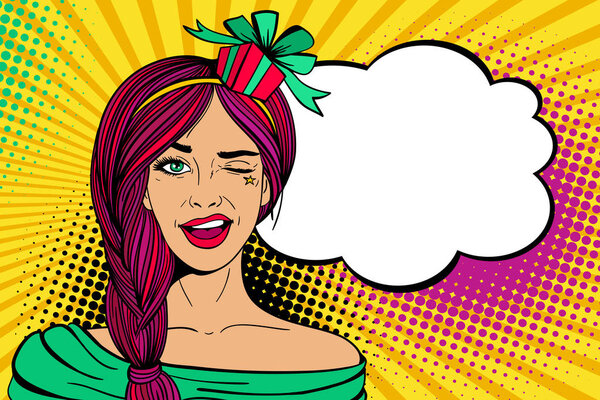 Pop art female face. Young sexy woman with gift on her head smil