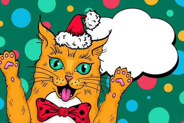 Wow pop art red cat  face. Funny surprised cat in Santa Claus hat with open mouth rising his paws up. Vector Christmas illustration in retro comic style. Vector pop art background. — Stock Vector