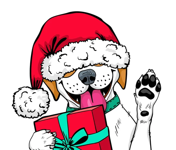 Wow comic dog face. Funny surprised dog in Santa Claus hat with open mouth and gift box rises his paw up. Vector cartoon hand-drawn Christmas illustration in comic style isolated on white background. — Stock Vector