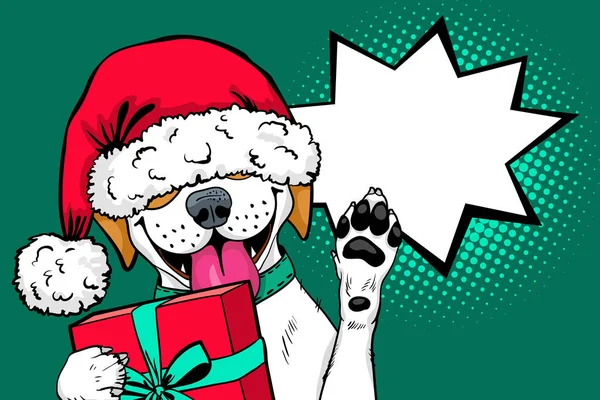 Cara de cão de arte pop. Engraçado cão surpreso no chapéu de Papai Noel com a boca aberta e caixa de presente sobe a pata e bolha de fala. Ilustração de Natal vetorial em estilo cômico retrô. Ano Novo fundo . —  Vetores de Stock