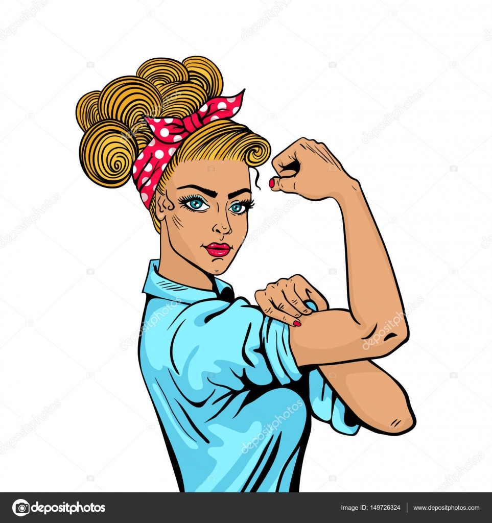 Women Power. Pop art sexy strong blonde girl in a circle on white  background. Classical american symbol of female power, woman rights,  protest, feminism. Vector illustration in retro comic style. Stock Vector