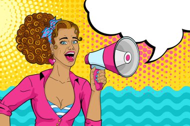 Seksi güneş tabaklanmış pop art kadın açık ağız ve megafon otları ile