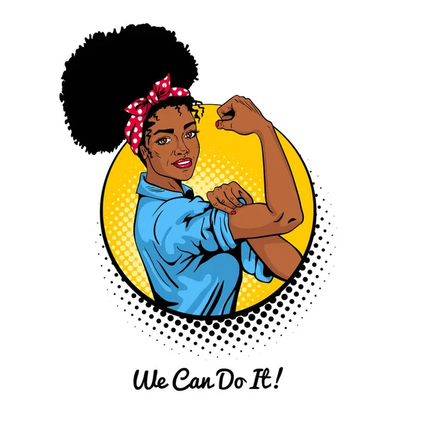 Nosotros podemos hacerlo. Pop art sexy chica africana fuerte en un círculo sobre fondo blanco . — Archivo Imágenes Vectoriales