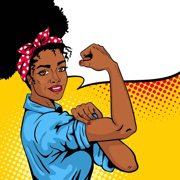 We Can Do It poster. Pop art sexy strong african girl with speech bubble. — Stock Vector
