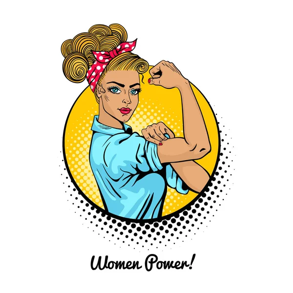 Vrouwen Power. Popart sexy sterke blonde meisje in een cirkel — Stockvector