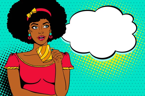 Wow female face. Young sexy surprised afro american woman with open mouth looking at empty speech bubble and holding coffee cup. Vector bright background in pop art retro comic style — Stock Vector