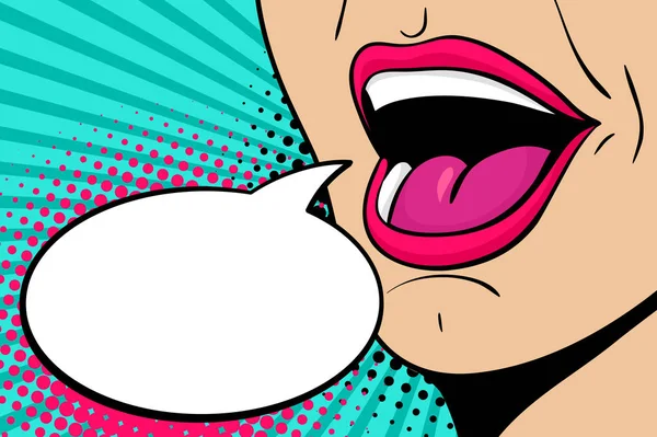 Сексуальна відкрита жіночий рот кричить оголошення і порожня мовна бульбашка. Векторний яскравий фон у стилі коміксів ретро поп-арт . — стоковий вектор