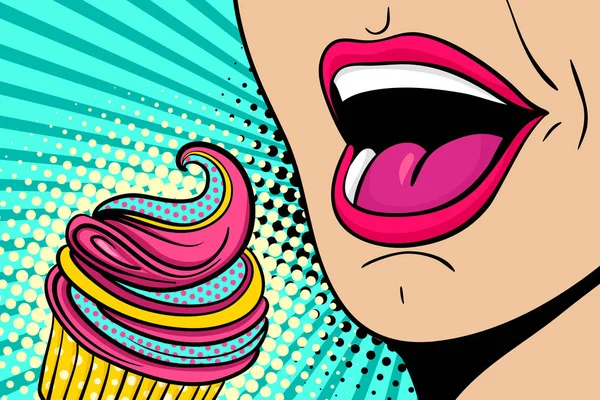 Sexy boca abierta femenina comiendo cupcake colorido. Vector fondo brillante en estilo de arte pop retro cómico . — Vector de stock