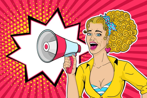 Sexy blonde pop art woman with open mouth and megaphone speaking — Stock Vector