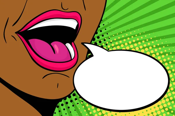 Sexy boca abierta de mujer africana gritando anuncio y burbuja de habla vacía. Vector fondo brillante en estilo de arte pop retro cómico . — Vector de stock