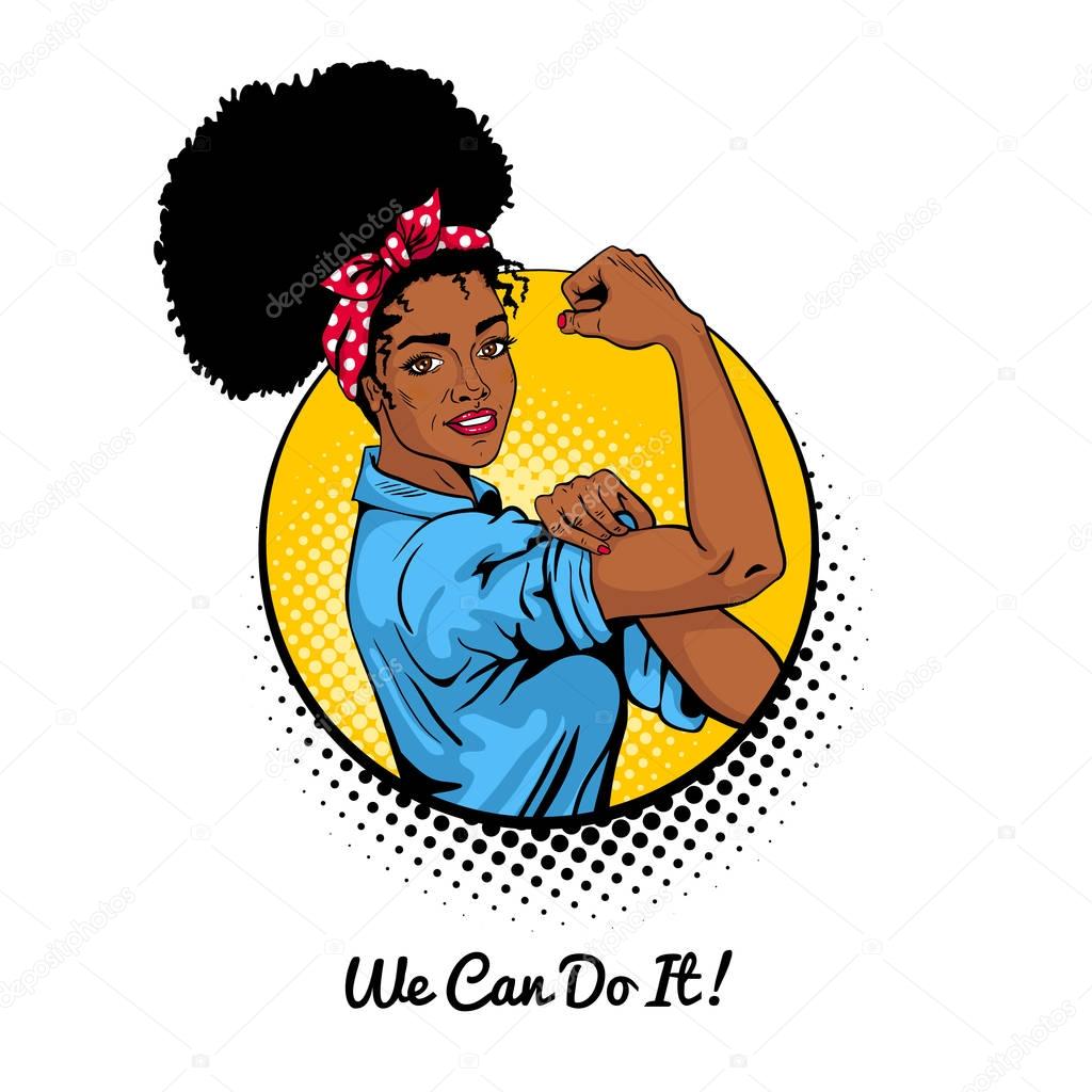We can do it. Pop art sexy strong african girl in a circle on white background.