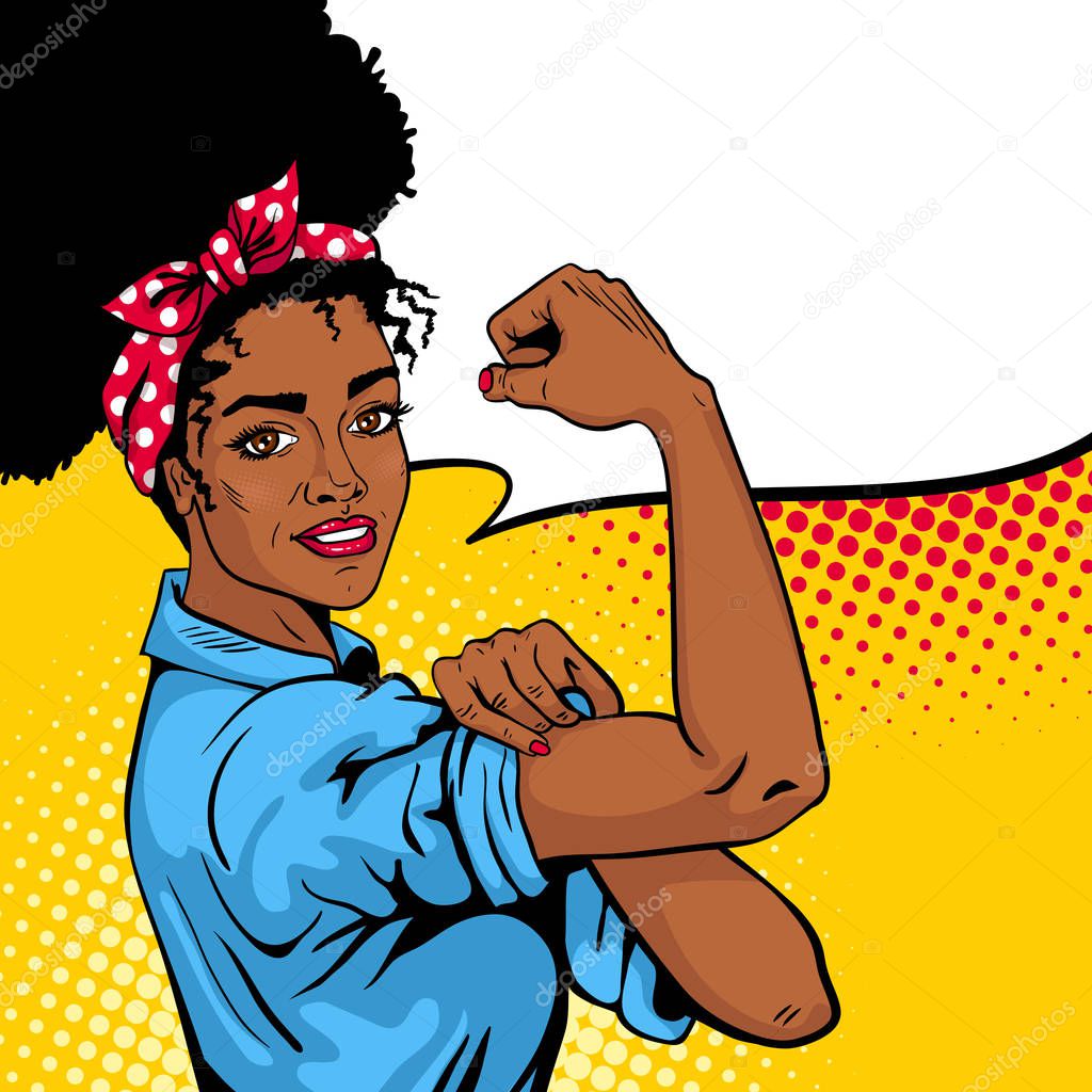 We Can Do It poster. Pop art sexy strong african girl with speech bubble.