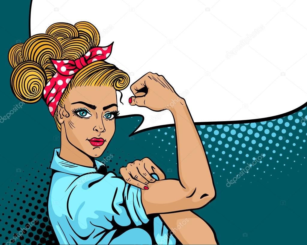 Pop art sexy mujer fuerte. Símbolo clásico americano del poder femenino,  los derechos de la mujer,, image size:1024x819