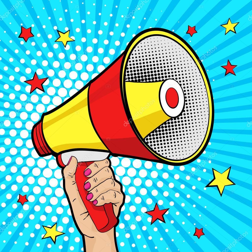 Female hand with megaphone. Vector background in comic retro pop