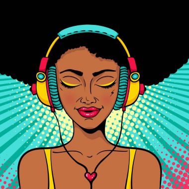 Genç seksi afro Amerikalı kadın müzik ve bir gülümseme ile şarkı kulaklık Kapalı gözlerle. Vektör renkli arka planda pop sanat retro çizgi roman tarzı. Parti Davetiyesi poster.