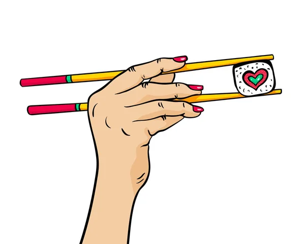 Mano femenina sosteniendo palillos con rollo de sushi en forma de corazón en su mano aislada sobre fondo blanco. Ilustración dibujada a mano brillante vectorial en estilo cómico retro . — Vector de stock