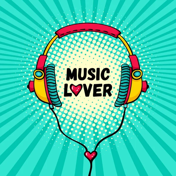 Auriculares cómicos dibujados a mano con letras Music Lover y corazón en lugar de O. Vector fondo colorido en el arte pop estilo cómico retro . — Vector de stock