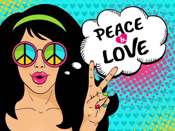 Wow pop art female face. Сексуальная хиппи в очках с пацифи
