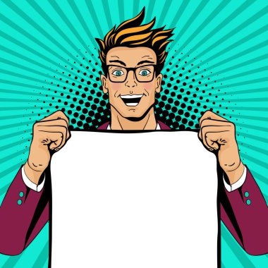 Vay pop sanat adam. Teklifiniz için boş poster tutarak açık ağızlı bardaklarda genç mutlu şaşırmış adam. Vektör retro çizgi roman tarzı renkli resimde. Vektör arka plan pop sanat.