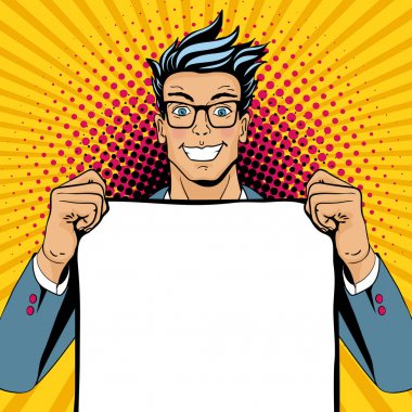 Vay pop sanat adam. Boş poster tutarak açık gülümseme ile gözlüklü genç mutlu şaşırmış adam. Vektör çizim retro çizgi roman tarzı. Vektör arka plan pop sanat.