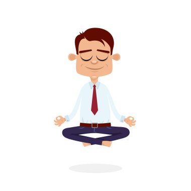 Office meditasyon. Relax Yoga lotus poz oturan işadamı ve havada asılı. Vektör karikatür düz beyaz arka plan üzerinde karakter.