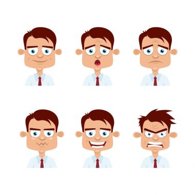 İşadamı yüz duygular. Farklı erkek avatar ifadeleri ayarlayın. Beyaz arka plan üzerinde vektör çizgi film karakteri.