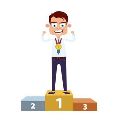 Mutlu kazanan! İşadamı altın madalya ve gösterileri kaslar ile ilk sırada yer podyumda tutuyoruz. Vektör karikatür düz beyaz arka plan üzerinde karakter.