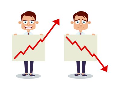 İki mutlu ve hüzünlü işadamları posterler grafik ok yukarı ve aşağı işaret ile. Vektör düz çizgi film karakteri beyaz arka plan üzerinde ayarla.