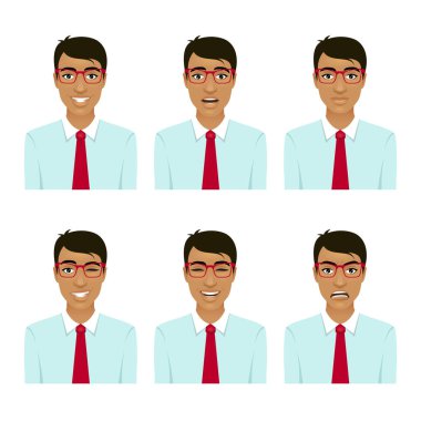 İşadamı yüz duygular. Farklı erkek avatar ifadeleri ayarlayın. Beyaz arka plan üzerinde vektör çizgi film karakteri.
