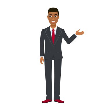  Genç afro Amerikalı işadamı elini işaret uygun ve gülümseyen açın. Beyaz arka plan üzerinde vektör çizgi film karakteri.