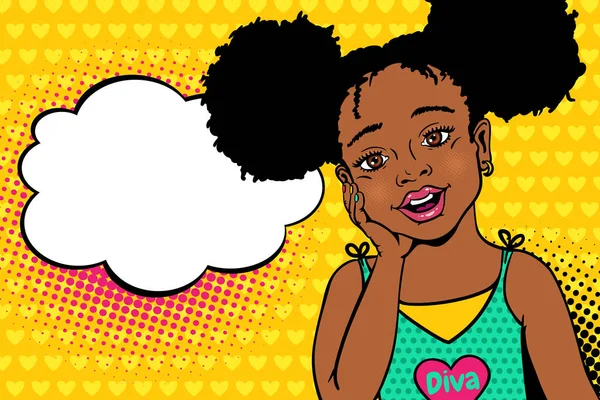 Wow pop art kids face. Happy surprised little african american g — Stock Vector