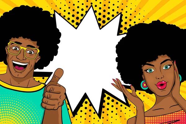 Wow-Paar. sexy happy überraschten afrikanische Männer und Frauen im Pop-Art-Comic-Retro-Stil mit offenen Mündern und Sprechblase. Vektor bunte Karikatur Hintergrund. — Stockvektor